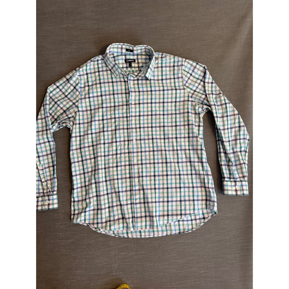 Express Mens Slim Fit Plaid Button Down Shirt‎ Blue Green White XL 43198